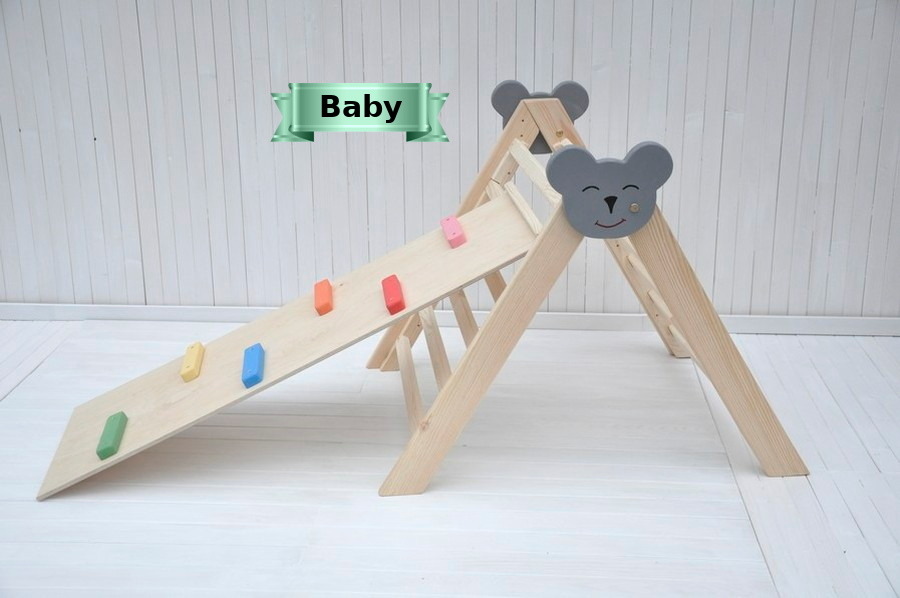 Houten klimrek met glijbaan Koala Baby - Montessori kinderkamer houten speeltoestellen voor dreumes grove en fijne motoriek