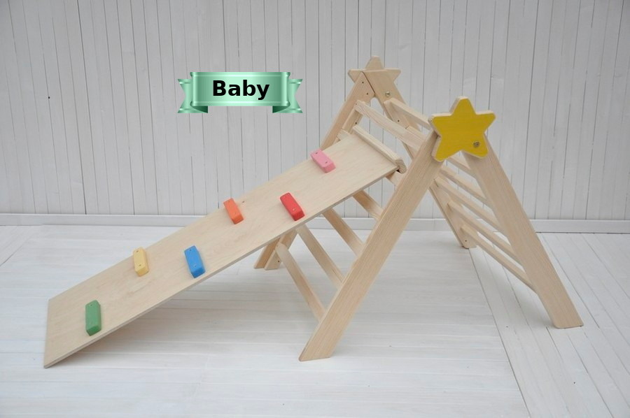 Klimdriehoek met glijbaan en klimplank 2 in 1 Montessori kinderkamer houten speeltoestellen voor dreumes