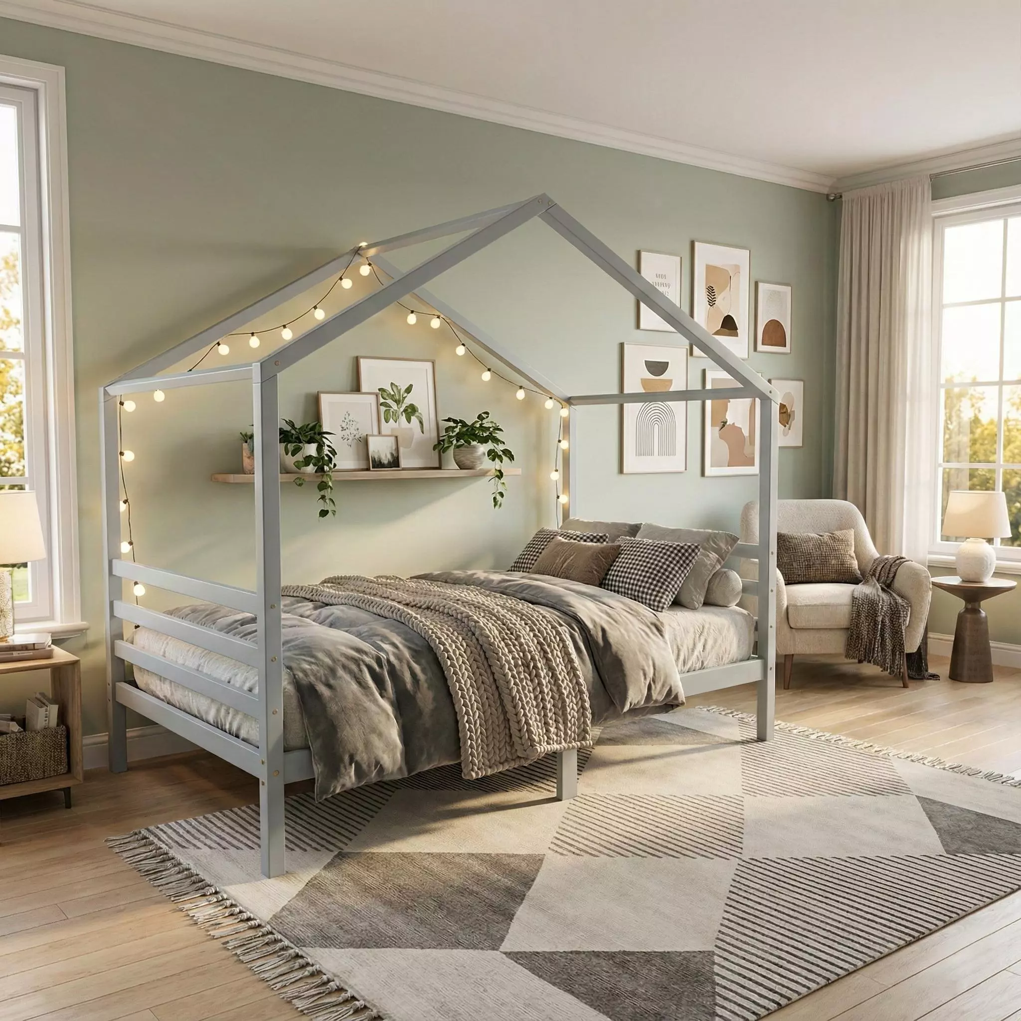 Kinderbed 90x200 cm: Grijs Bedhuisje - Barin Toys juniorbed van massief hout