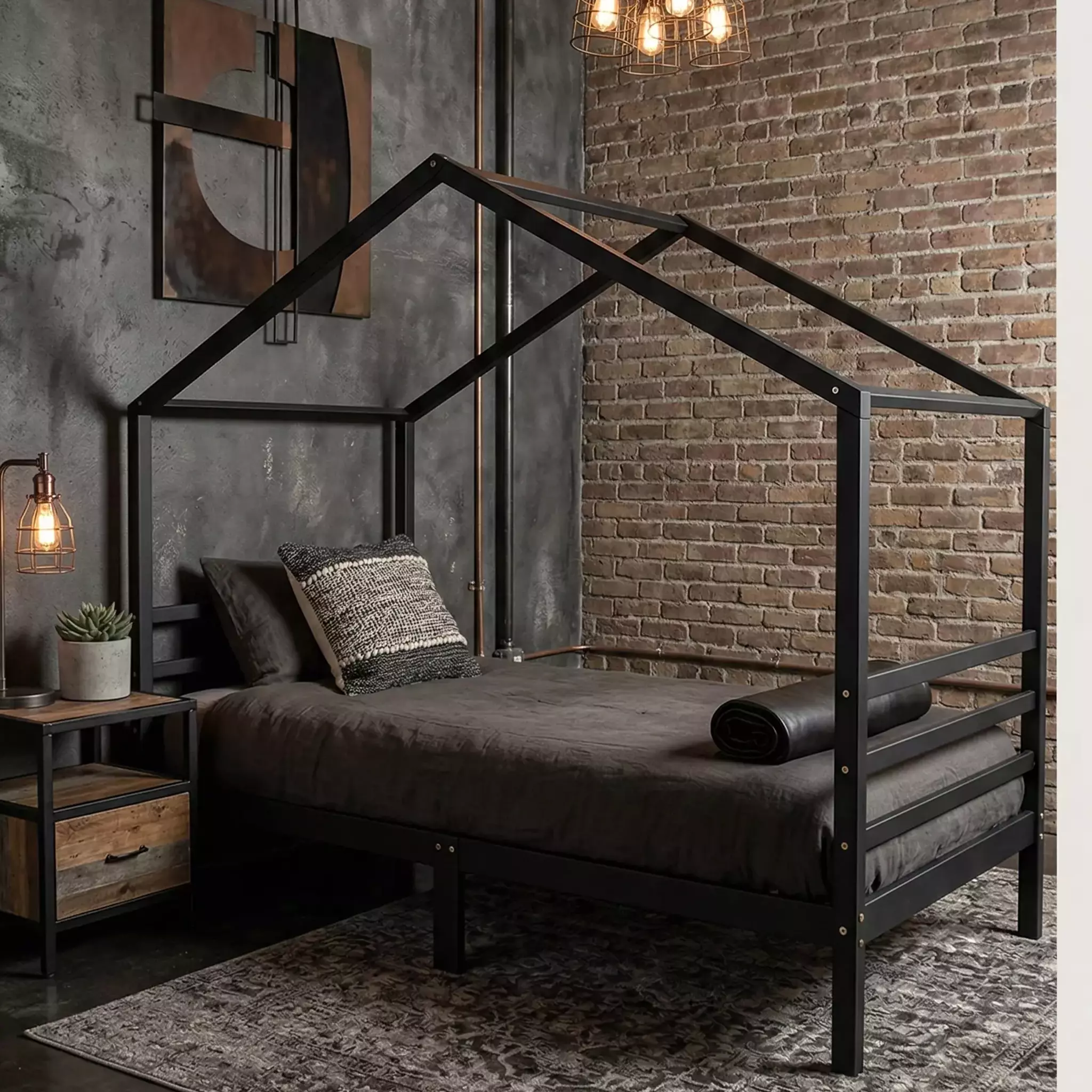 Zwart bedhuisje 90x200 cm van massief hout met industrieel design als tienerbed en juniorbed