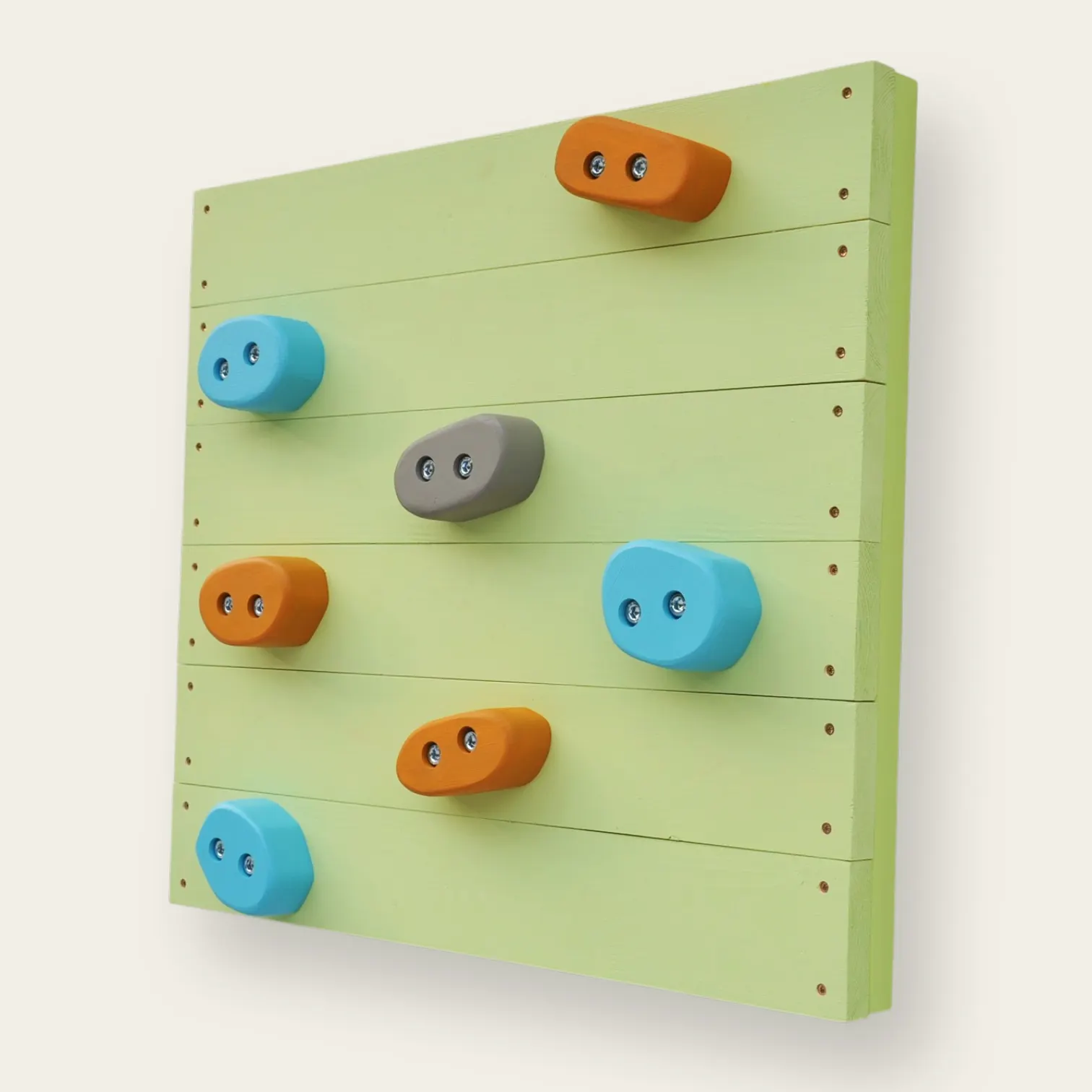 Klimwand kopen terracotta boeho — klimstenen 4,5 cm massief hout terracotta turquoise grijs op stevig saliegroen paneel — Barin Toys