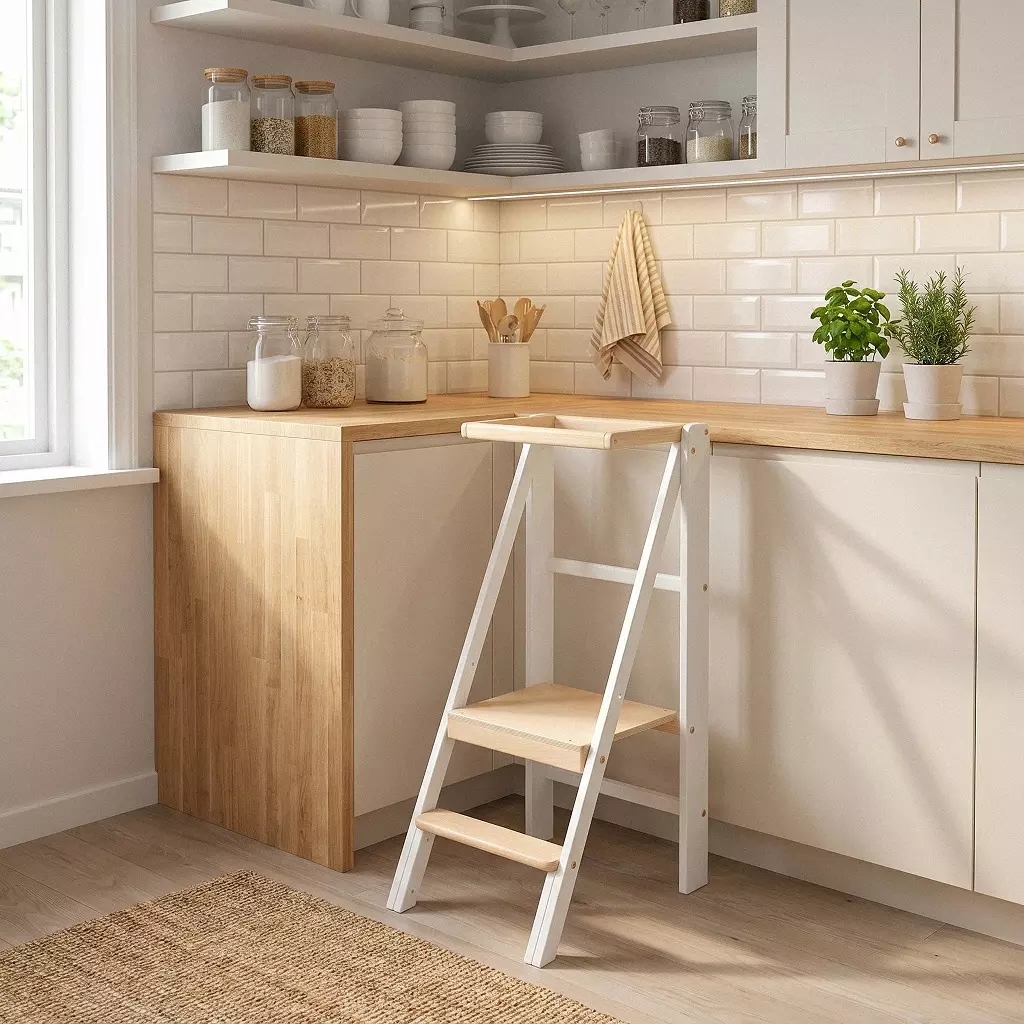 Leertoren inklapbaar wit Slim White Loft – witte keukenhulp met natuurhouten treden, verstelbaar, 95 kg, CE-gecertificeerd
