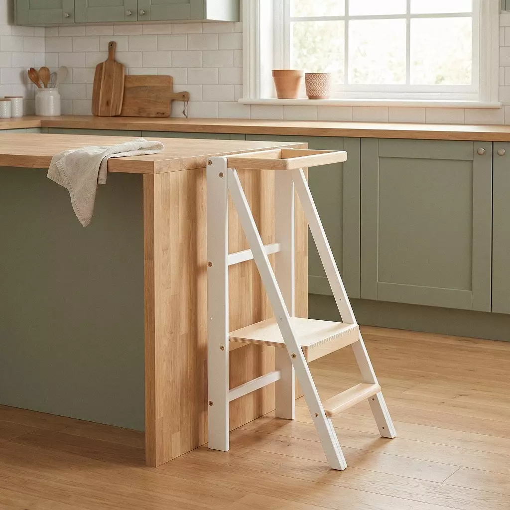 Onbehandelde natuurhouten treden van de leertoren wit Slim White Loft – grip voor kindervoeten